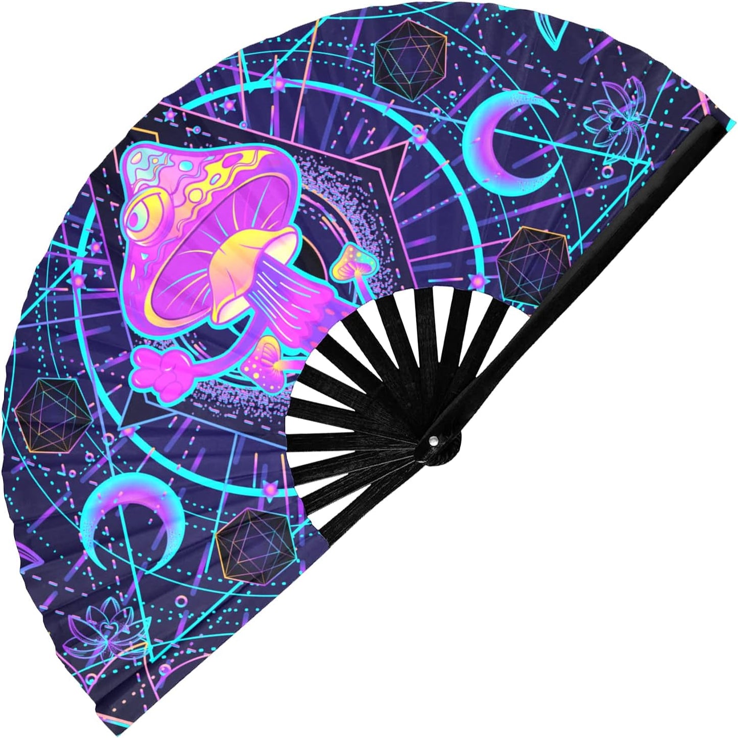 GloFX Rave Fan - UV Mushroom - Large Folding Fan - Music Festival Essential, EDM Rave Accessories, Folding Hand Fan, Clack Fan