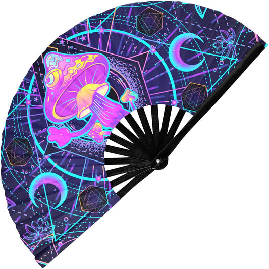 GloFX Rave Fan - UV Mushroom - Large Folding Fan - Music Festival Essential, EDM Rave Accessories, Folding Hand Fan, Clack Fan