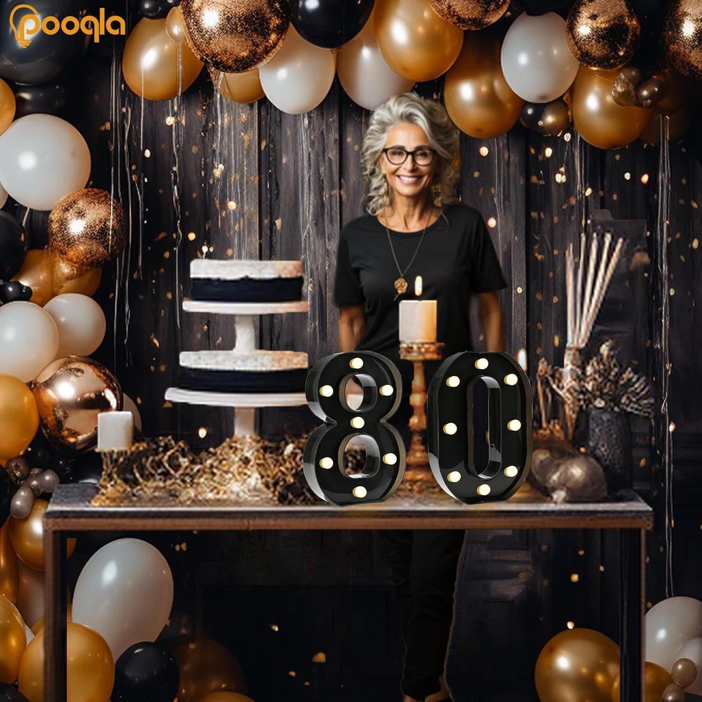 Pooqla Decorative Led Light Up Number Letters, Black Plastic Marquee Number Lights Sign for 80th Birthday Party Wedding Decor Battery Operated Black Decoration 80