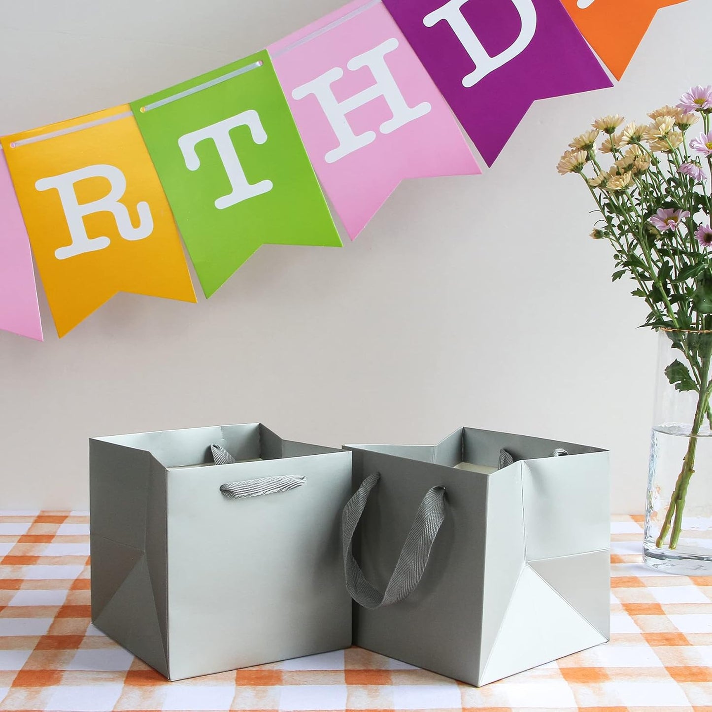Silver Gray Paper Gift Bag Small Square Bottom Kraft Paper Bags with Handles for Wedding Baby Shower Birthday Party (Silver Grey, 8 x 8 x 8 in, 10 CT)