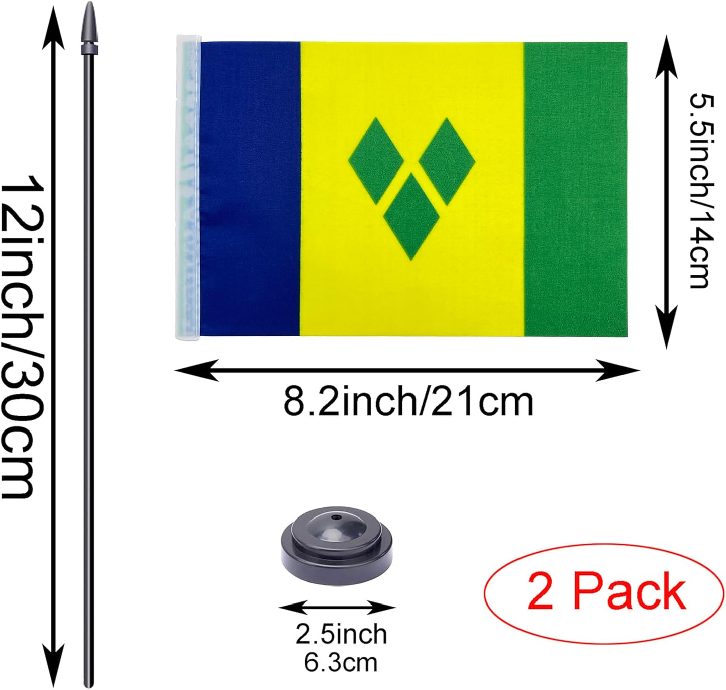 WXTWK 2 Pack Saint Vincent and the Grenadines Flag Saint Vincent and the Grenadines Deluxe Desk Flag Set - Mini Small Saint Vincent and the Grenadines Table Office Flags with Black 12" Solid Pole Stand Base Decorations