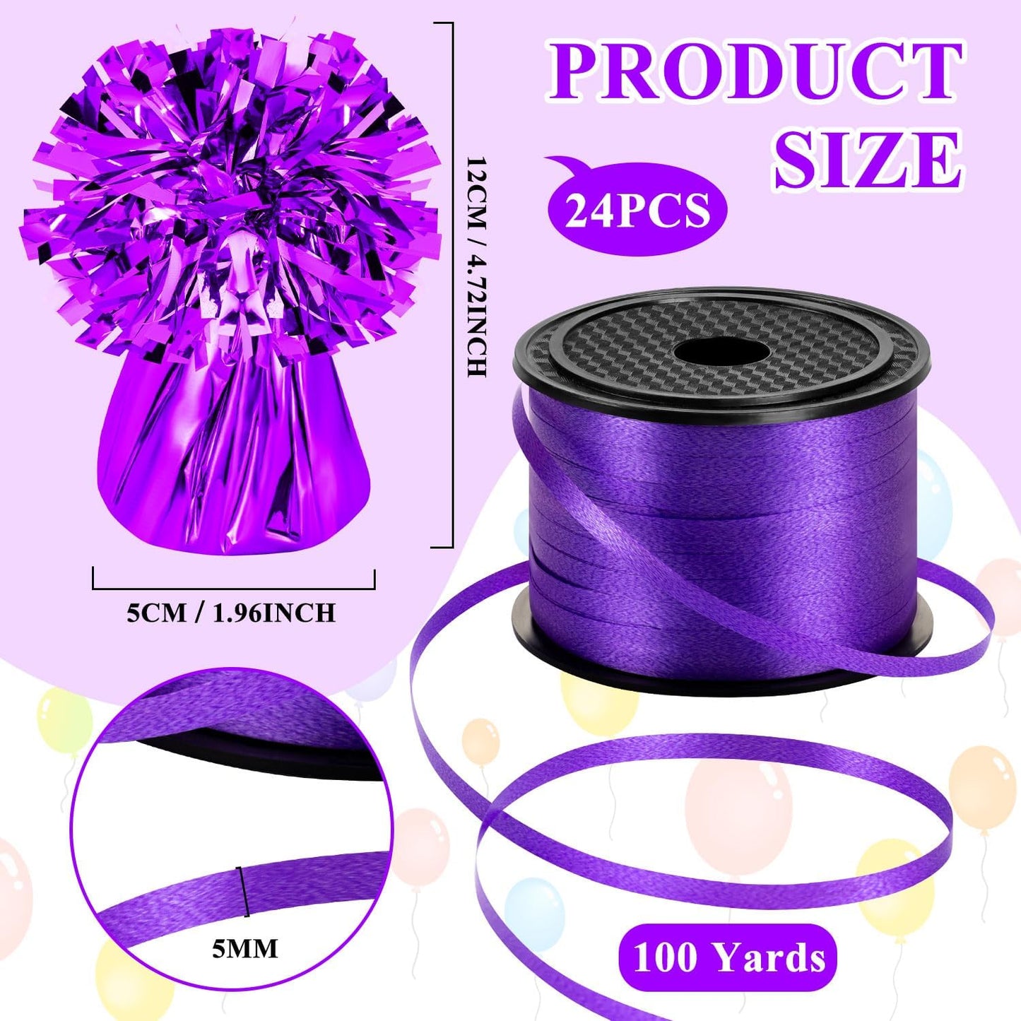 24 PCS Balloon Weights Metallic Anchor, Balloon Holder Heavy Weights with 1 Roll Purple Crimped Ribbon for Balloons Table Party Favor Birthday Decor(Purple)