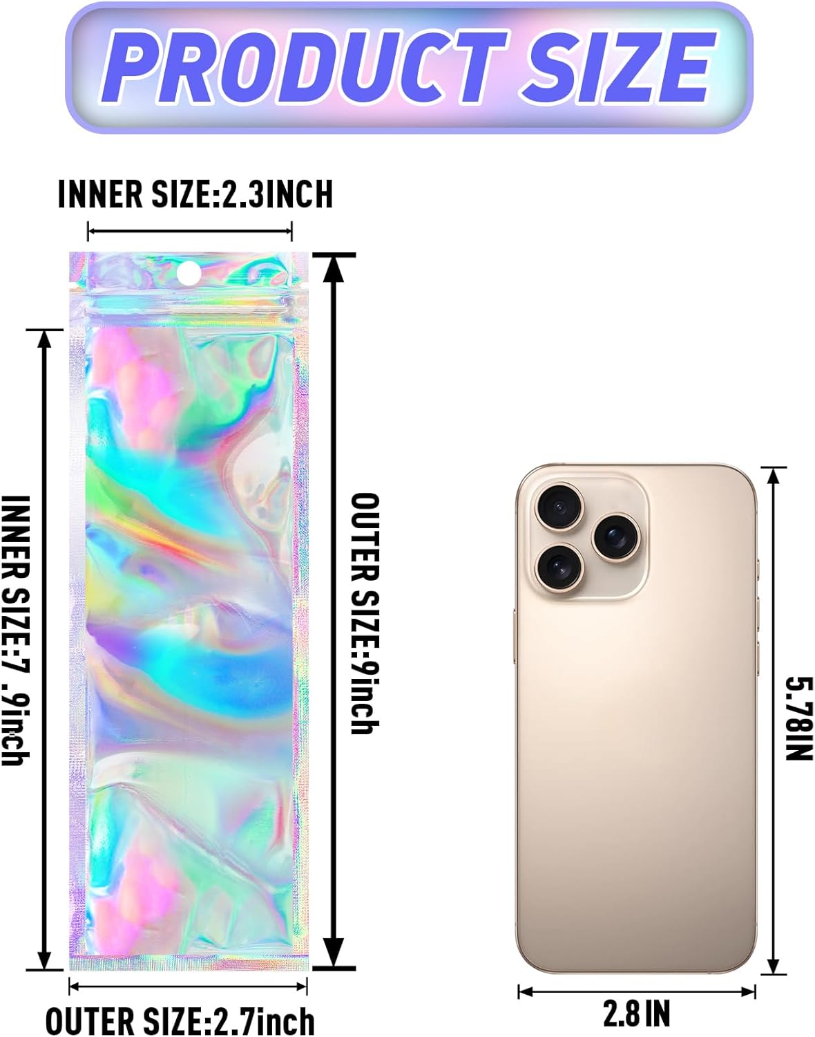 FUNFERY 100 Pack Holographic Bags Clear Window Resealable Bags for Candy Party Favor, Mylar Zipper Bag Stripping Foil Pouch Packaging Bag for Pen,Jewelry,Brushes Small Business Supplies(2.7x9in)