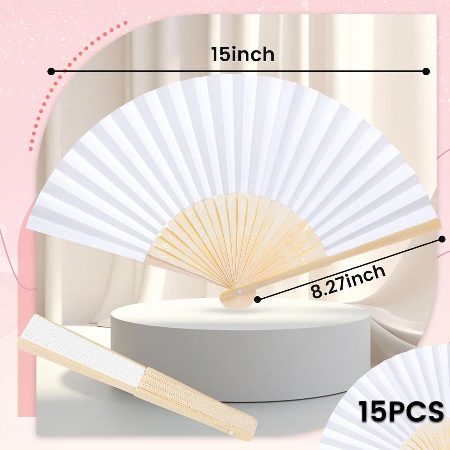 DomeStar 15 Pcs White Paper Fans Handheld – 8.3 Inch Foldable Hand Fan, Folding Fans Handheld for Women, Paper Fan for Wedding Guests, Bridal & Baby Shower Favors, Party Decorations