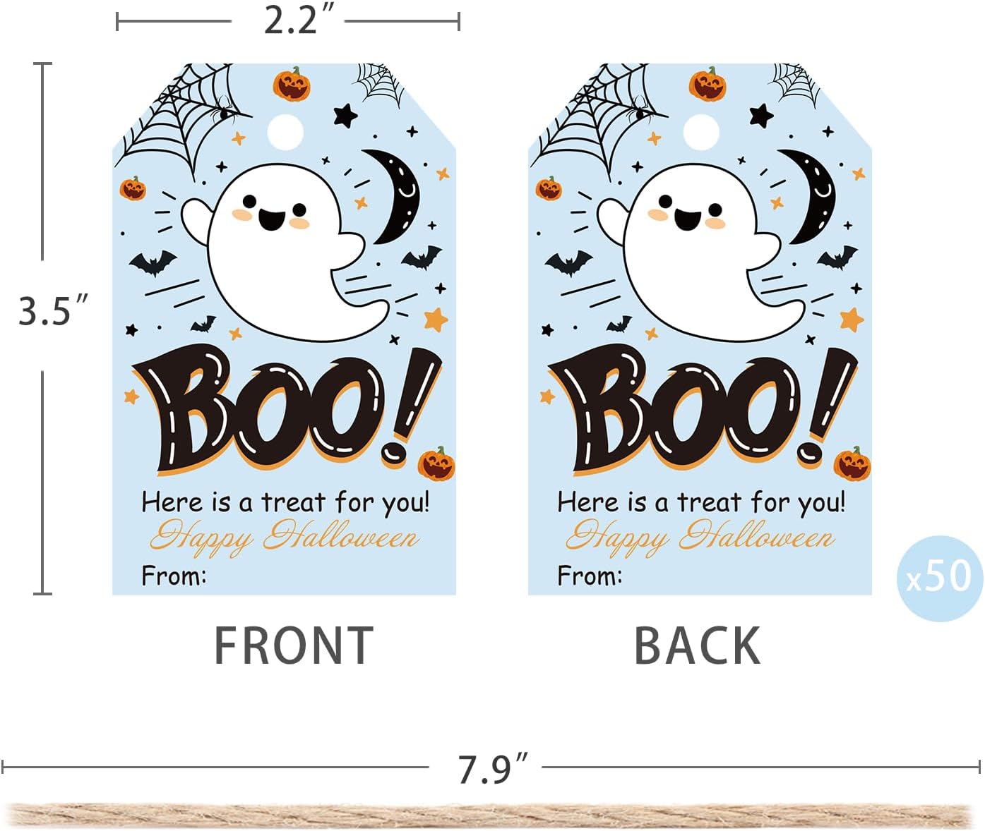 Aukolass 50Pcs Boo Gift Tags, Halloween Treat Tag for Spooky Boy Ghost Party Favor and Gift Wrapping Decoration (Blue Boo)