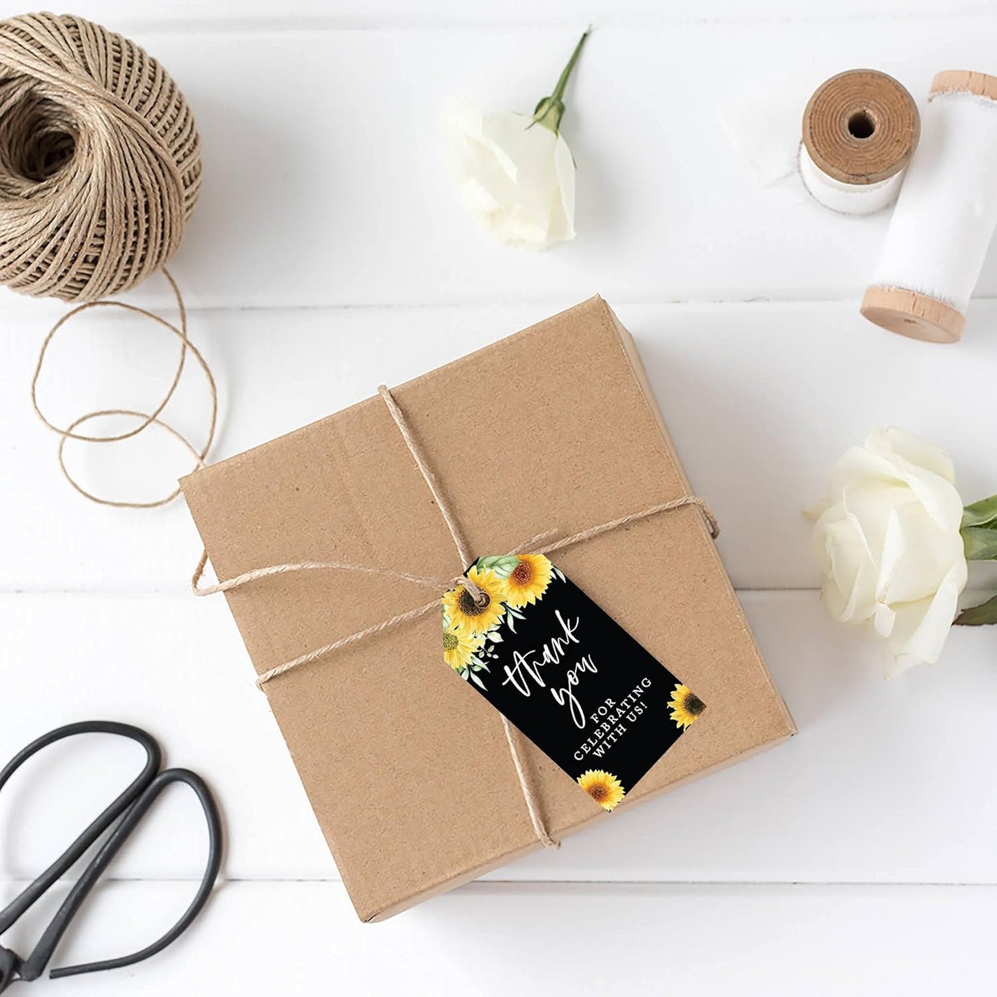 Andaz Press 100-Pack Thank You for Celebrating with Us Favor Tags Sunflowers Black Background Cardstock Gift Tags with Bakers Twine for Wedding Baby Shower Bridal Shower Party Favors 2 x 3.75-Inches