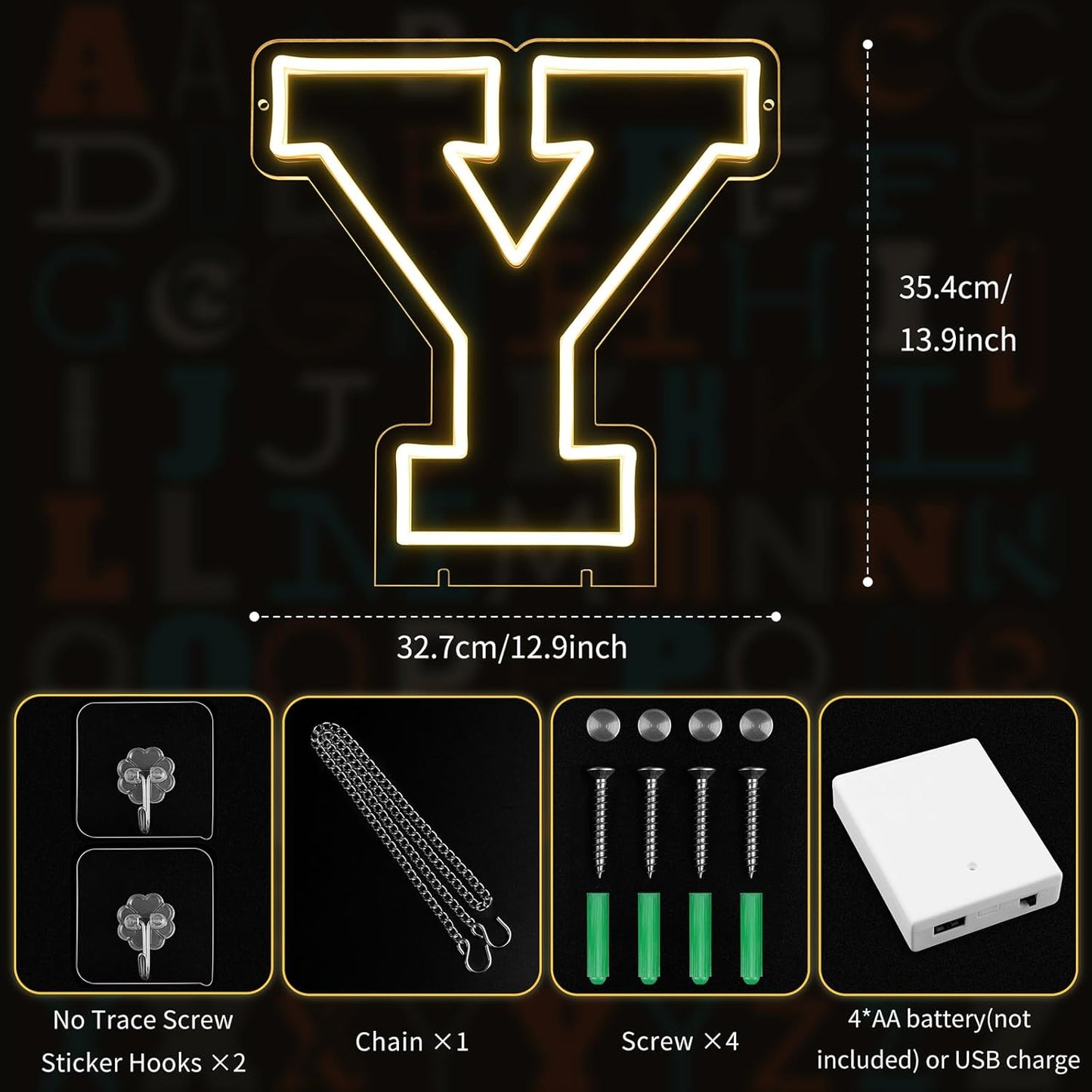 Light Up Letters Y, Led Marquee Letter Lights Neon Sign, 13.9" Height Decorative Lighted Alphabet Number, Battery/USB Powered Led Letters Lights for Wedding, Birthday, Party, Christmas or Home Decor