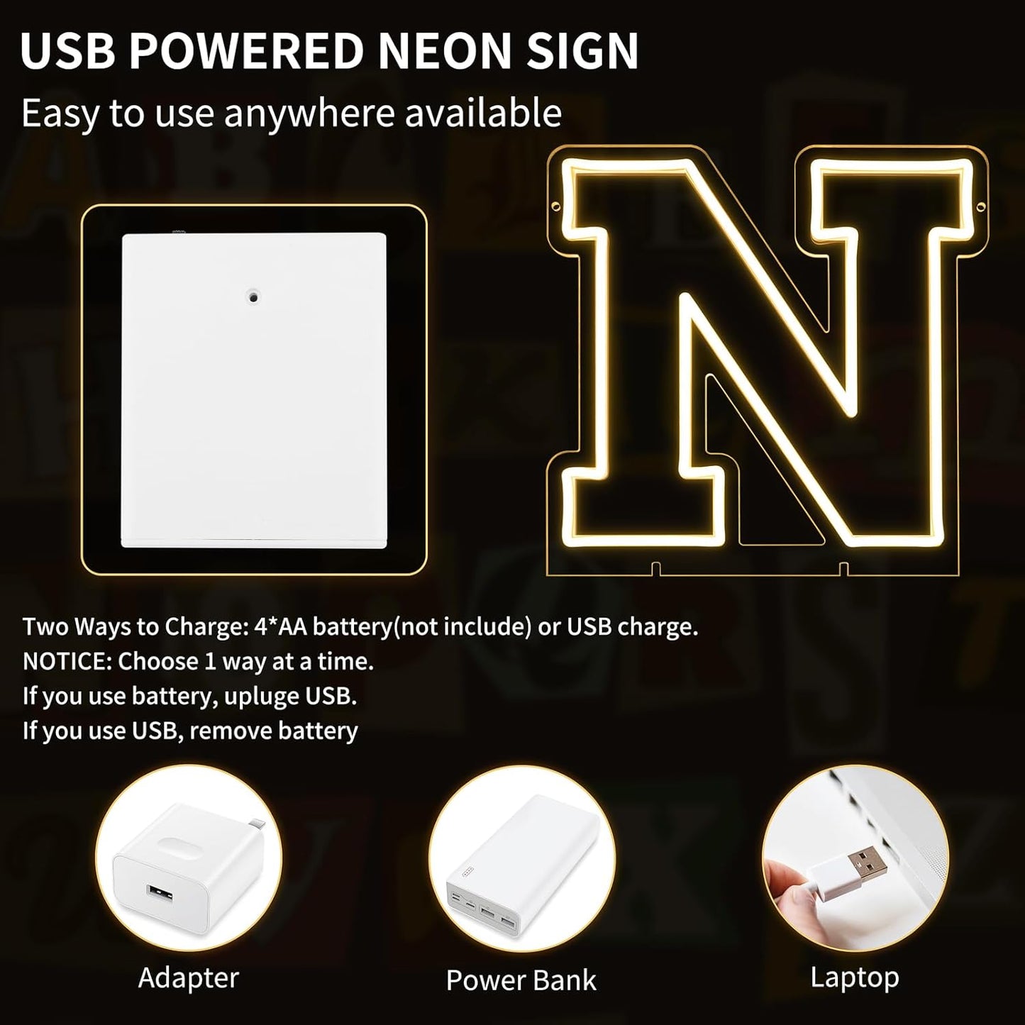 Light Up Letters N, Led Marquee Letter Lights Neon Sign, 13.2" Height Decorative Lighted Alphabet Number, Battery/USB Powered Led Letters Lights for Wedding, Birthday, Party, Christmas or Home Decor