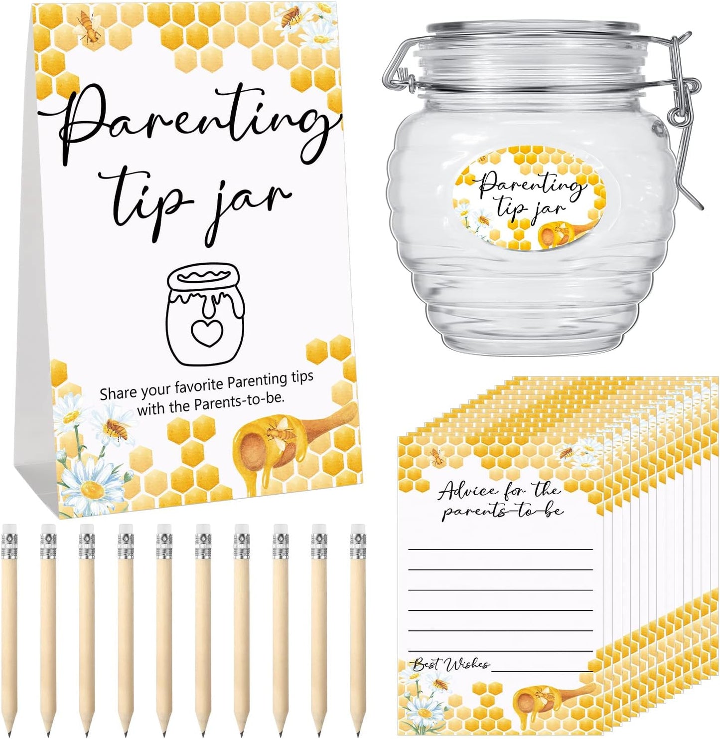 Roowest Baby Shower to Baby Advice Cards for New Parents to Be - Tip Jar Sign for New Parents 60 Parenting Advice Cards 10 HB Pencils 2 Cute Stickers 1 Pet Bottle for Guests Games(Honey)