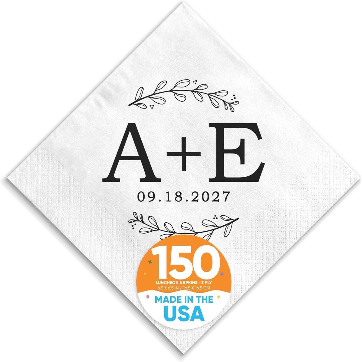 Big Dot of Happiness Personalized Rustic Leaves Monogram Wedding Napkins, Custom Engagement or Anniversary Party Laurel Wreath Branch Decor, White 3-Ply Paper Luncheon Napkins - 150 Count