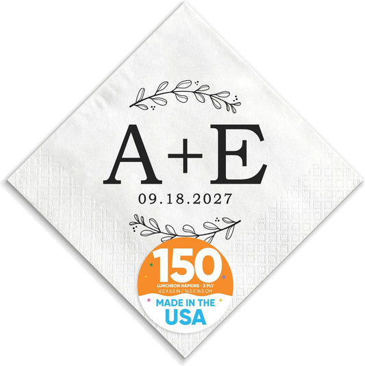 Big Dot of Happiness Personalized Rustic Leaves Monogram Wedding Napkins, Custom Engagement or Anniversary Party Laurel Wreath Branch Decor, White 3-Ply Paper Luncheon Napkins - 150 Count