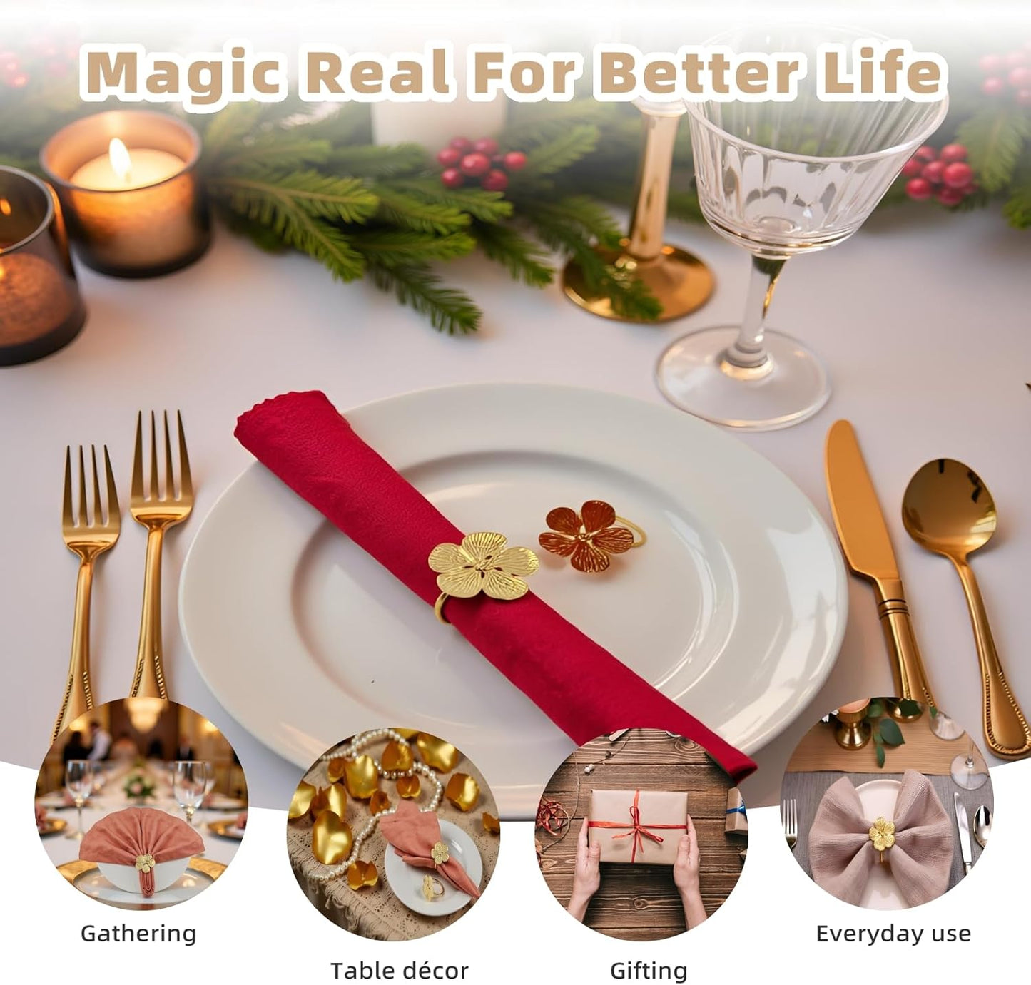 Flower Napkin Rings Set of 50, Fall Napkins Rings Gold Floral Holder for Wedding Season Banquet Party Décor Holiday Dinner Delicate Blossom Serviette Buckles Table Setting Decoration(Gold 50)