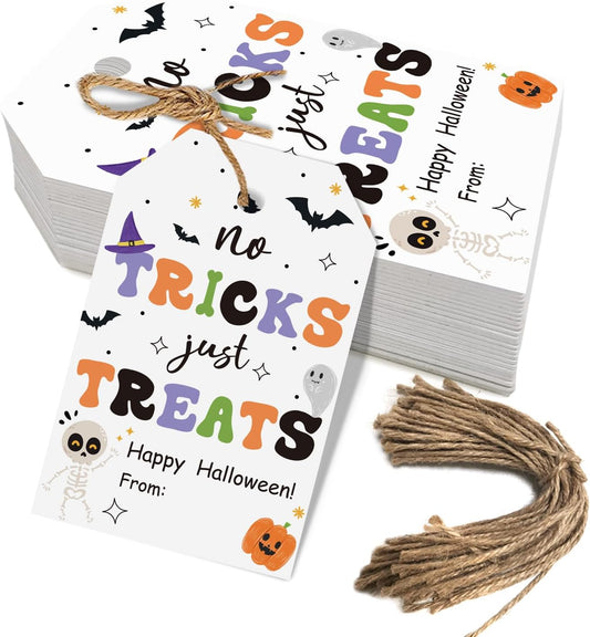 Aukolass 50pcs Trick Or Treat Favor Tags, Happy Halloween Day Gift Tags and Gift Wrapping Decoration(Treats)
