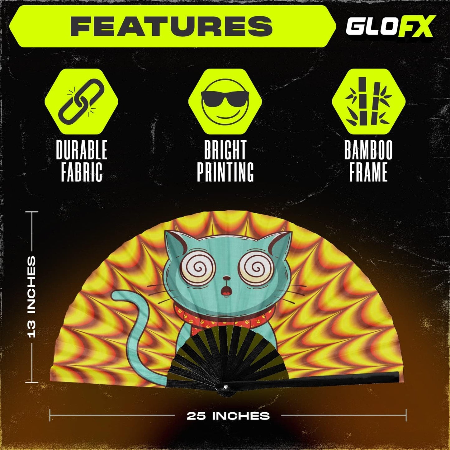 GloFX Folding Fan - Trippy Kitty - Large Rave Clack Folding Hand Fan for Men/Women - for EDM, Music Festival, Club, Event, Party, Dance, Performance, Decoration, Gift