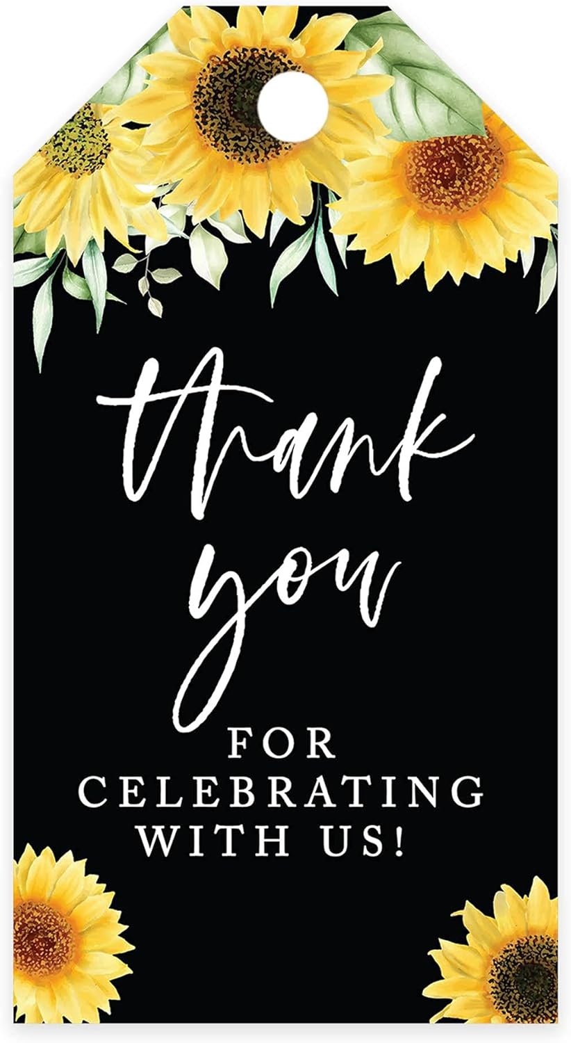 Andaz Press 100-Pack Thank You for Celebrating with Us Favor Tags Sunflowers Black Background Cardstock Gift Tags with Bakers Twine for Wedding Baby Shower Bridal Shower Party Favors 2 x 3.75-Inches