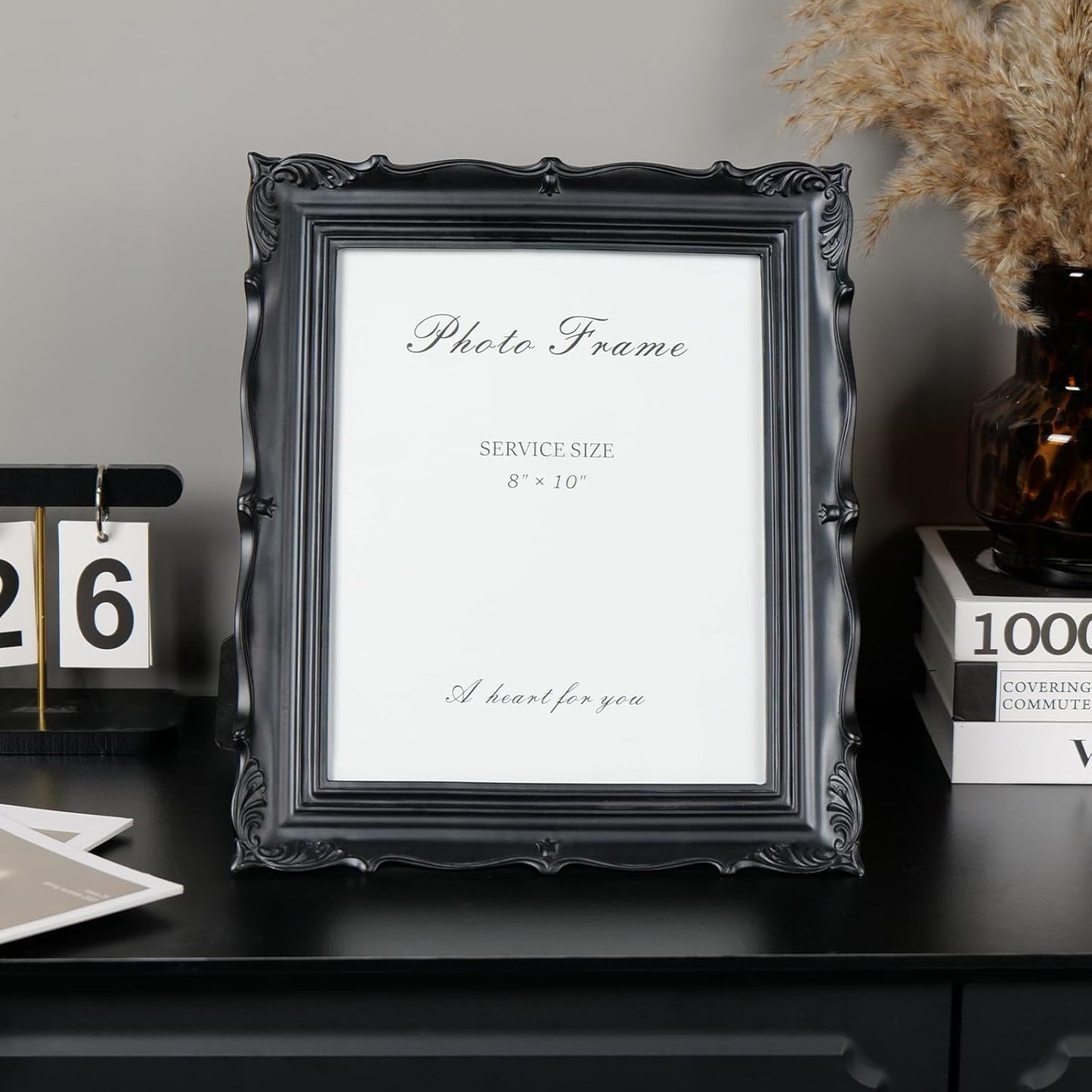 Cuspin 8x10 Picture Frame Black, Vintage Handmade Resin Frame with Carved Texture & Glass Front, Antique Retro Design for Tabletop Display or Wall Hanging, Black Photo Frames Home Decor