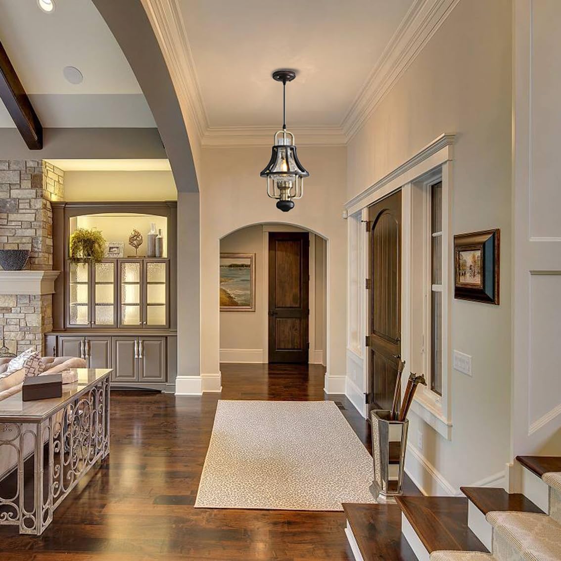 Farmhouse Chandelier Modern Hanging Light, Vintage Rustic Pendant Lights Fixture, Crackle Glass Shade, Wood & Metal Cage Base for Living Room Dining Room Foyer Kitchen Island Bedroom