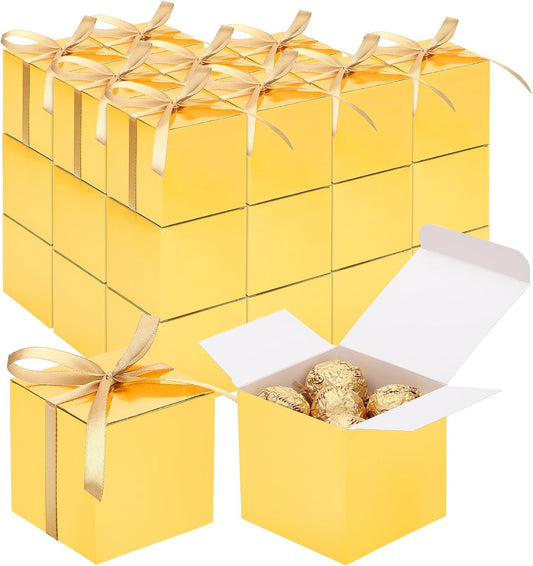 EUSOAR Small Gift Boxes with Lids, 30pcs 3x3x3 Inches Gold Boxes Small Treat Box with Ribbons, Cube Candy Box Mini Muffins Macaron Container for Wedding Birthday Party Advent Calendar DIY Supplies