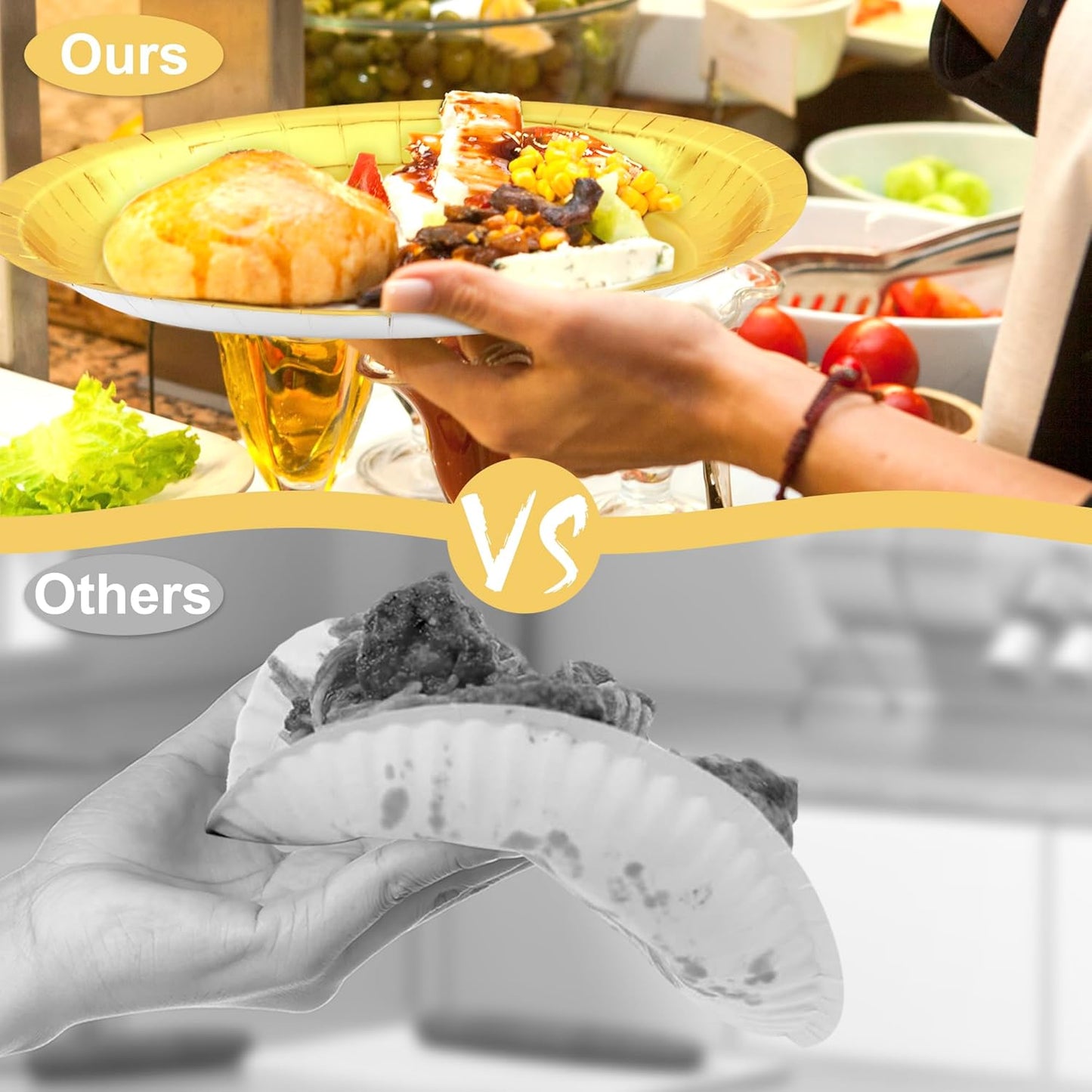 QZYL 50 Pcs Gold Foil Paper Plates, 12.2'' X 10.2'' Oval Large Paper Plates, Dinner Plates Party Decorations Disposable Plates for Birthday Wedding Picnic Graduation Ceremony Anniversary Daily Use