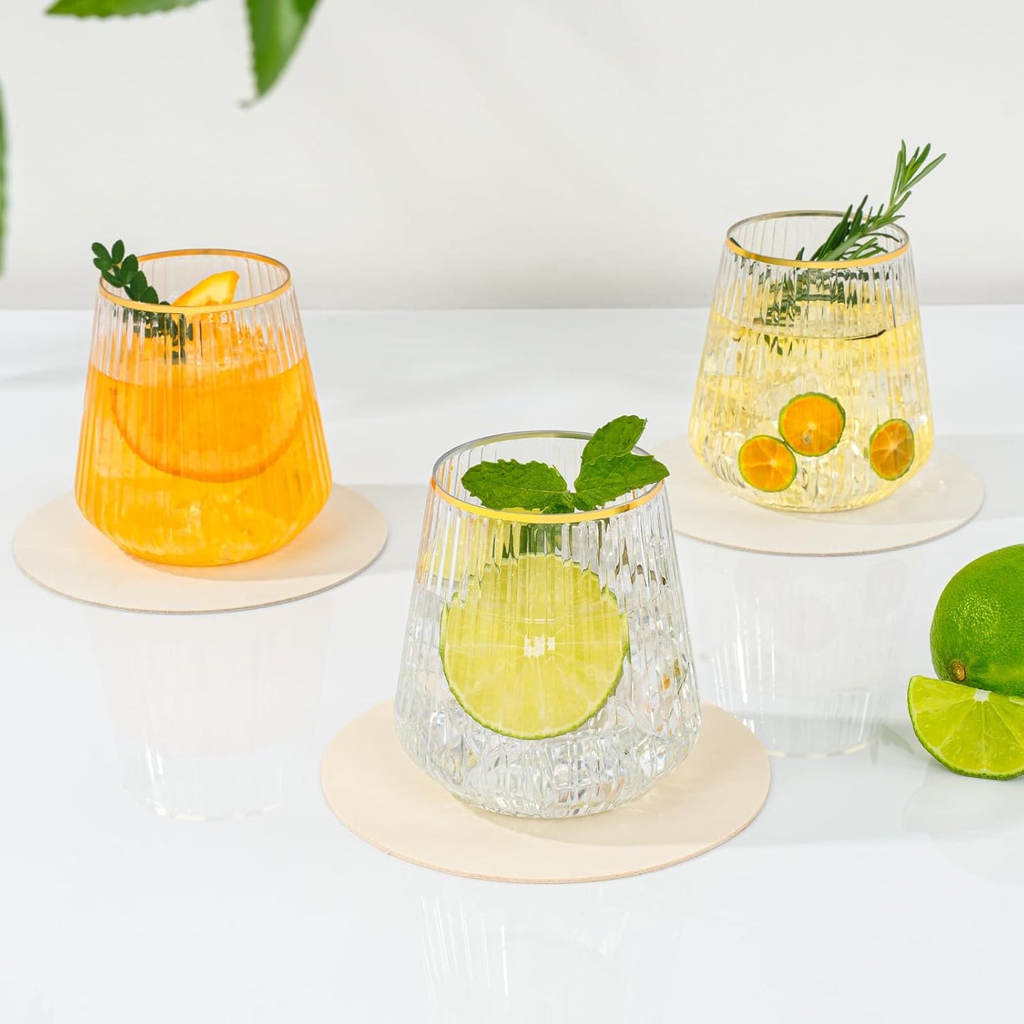 36 Pcs 12 oz Plastic Gold Rim Ribbed Wine Glasses, Reusable Champagne Glasses Elegant Whiskey Glasses Ideal for Weddings, Bars, Christmas, Halloween,Holidays,pool party,Daily Use