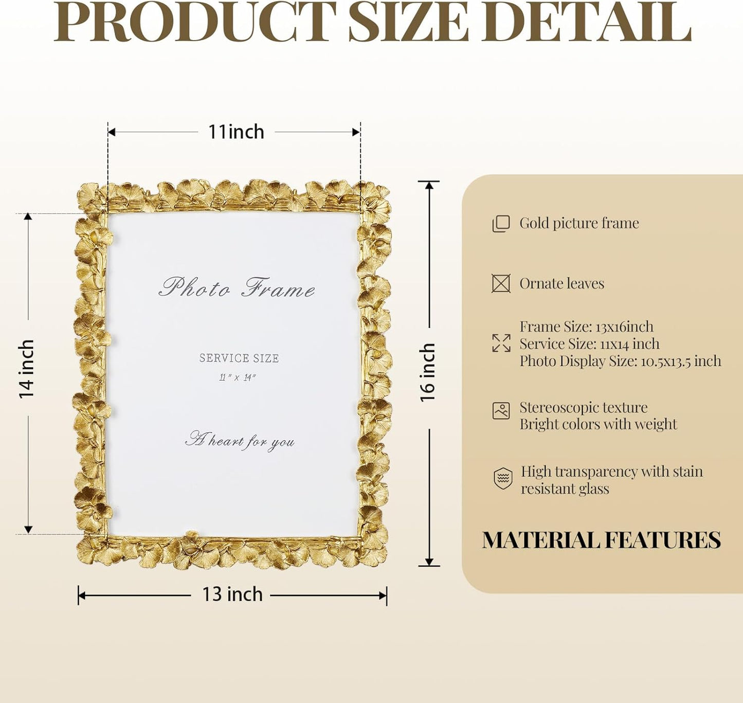 Cuspin 11x14 Picture Frame Vintage Gold Frames, Ornate Leaf Textured Hand-Crafted Resin with Glass Front, Gold Picture Frames for Tabletop Display, Retro Design Home Decor