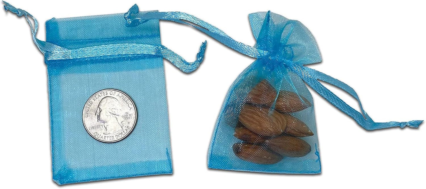 TheDisplayGuys 48-Pack 2" x 2-3/4" Turquoise Blue Sheer Organza Gift Bags with Drawstring, Jewelry Candy Treat Wedding Party Favors Mesh Pouch