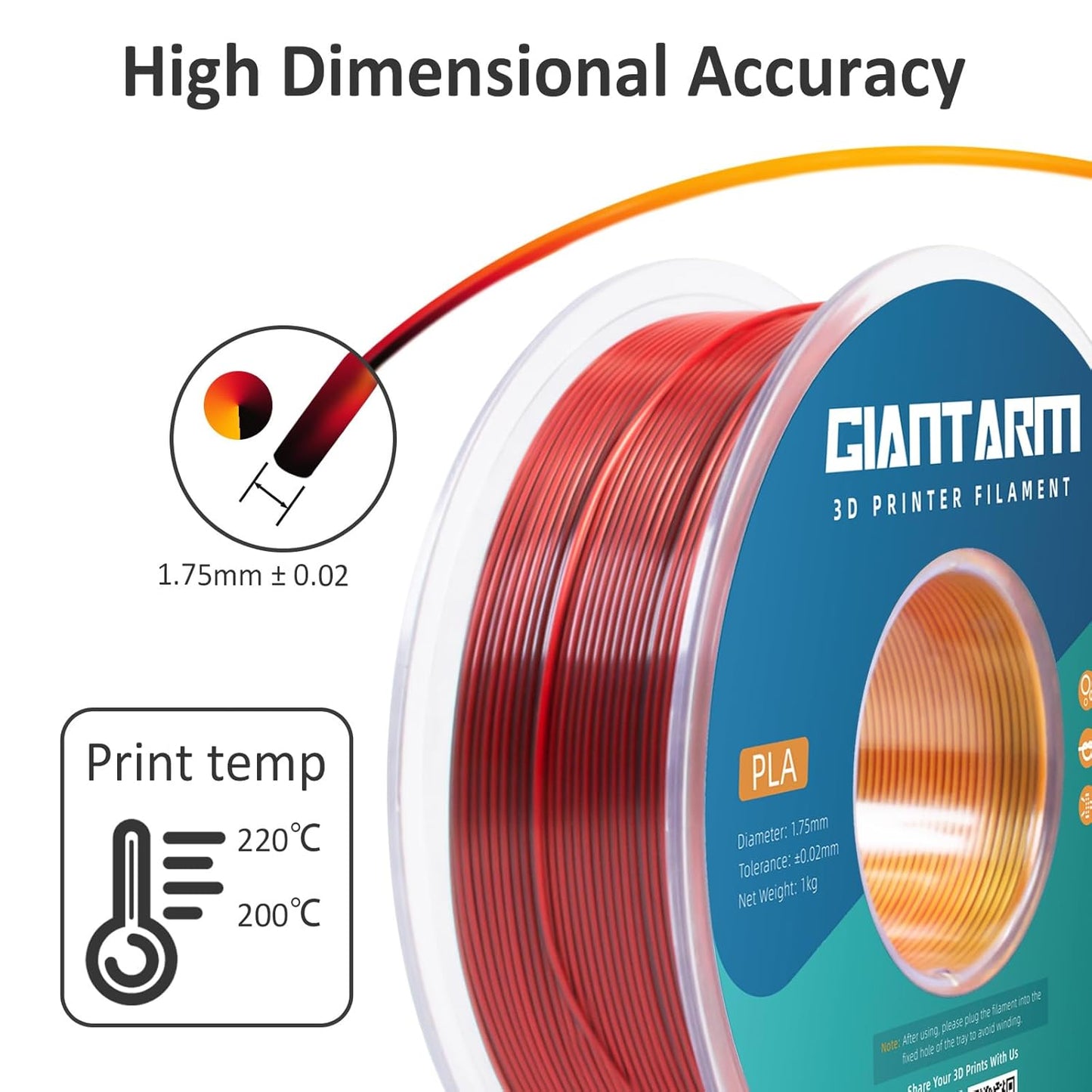 GIANTARM Tri-Colors Silk Pla Filament, Shiny Pla 3D Printer Filament 1.75mm +/-0.03mm, 1Kg (2.2lbs) Spool, Vacuum Packaging (Red+Gold+Black)