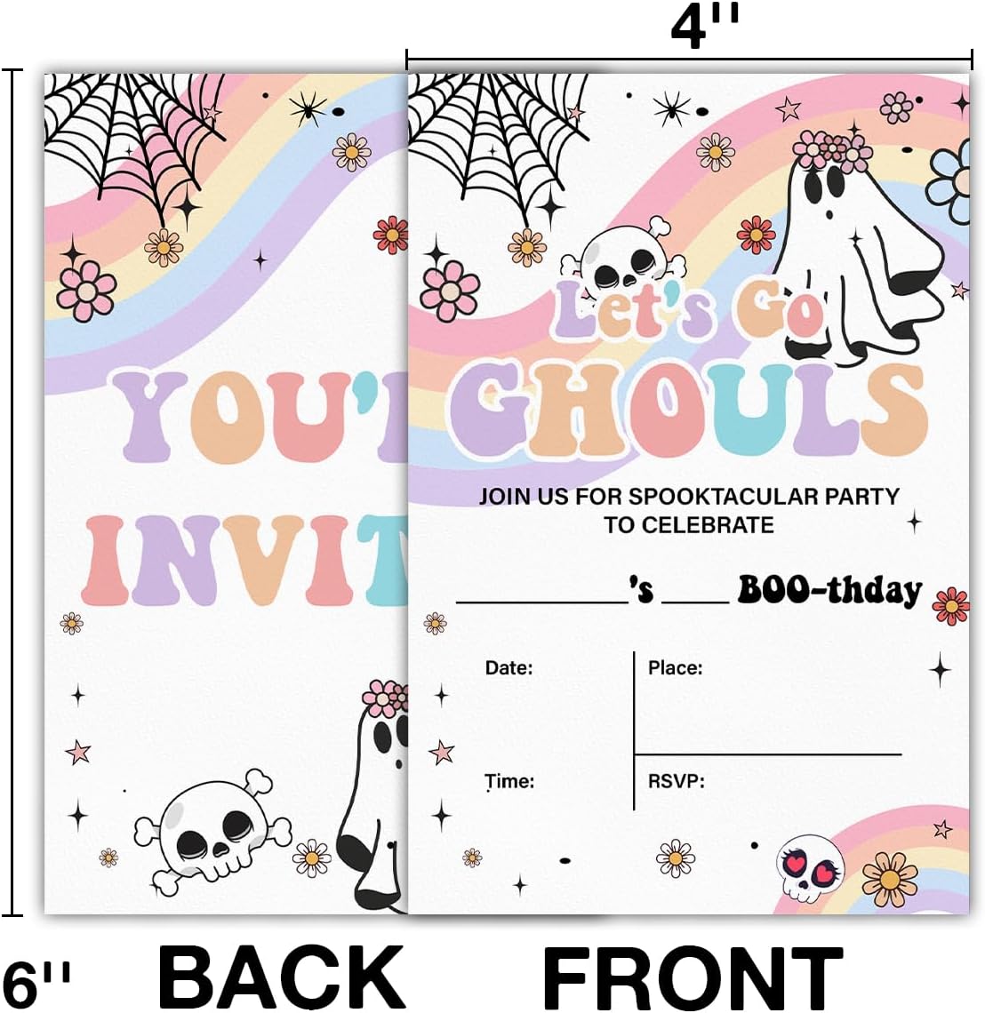 Halloween Birthday Invitations Groovy Rainbow Ghost Halloween Birthday Party Fill in Invites Cards With Envelopes (20 Count) Double Sided Design, Let's Go Ghouls