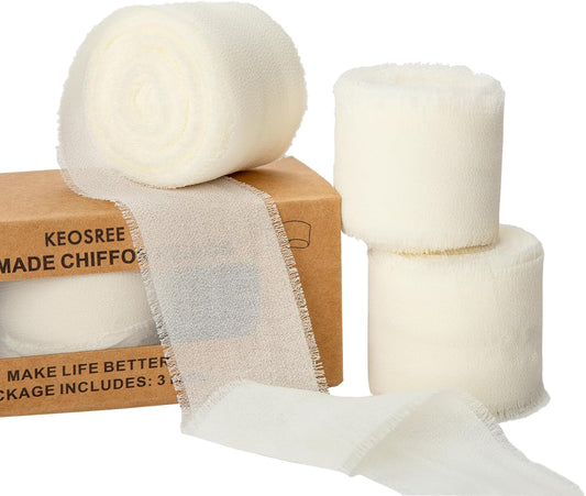 3 Rolls Cream White Handmade Chiffon Ribbon,1.5" x 21Yd Frayed Fringe Silk Ribbons (3 Rolls *7Yd) for Gifts Wrapping, Wedding Invitations, Bridal Bouquets, Decorations