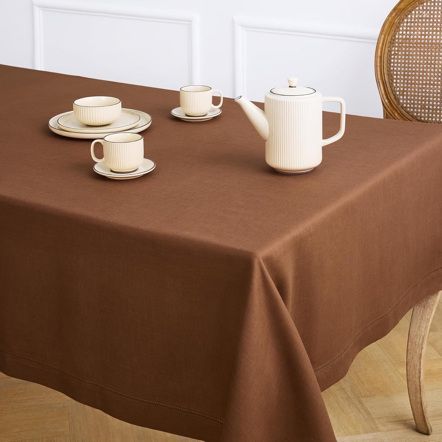 Solino Home Linen Tablecloth 60 x 108 Inch - Classic Hemstitch 100% Pure Linen Brown Table Cloth for Rectangle Tables - Machine Washable Tablecloth for Fall, Autumn, Thanksgiving