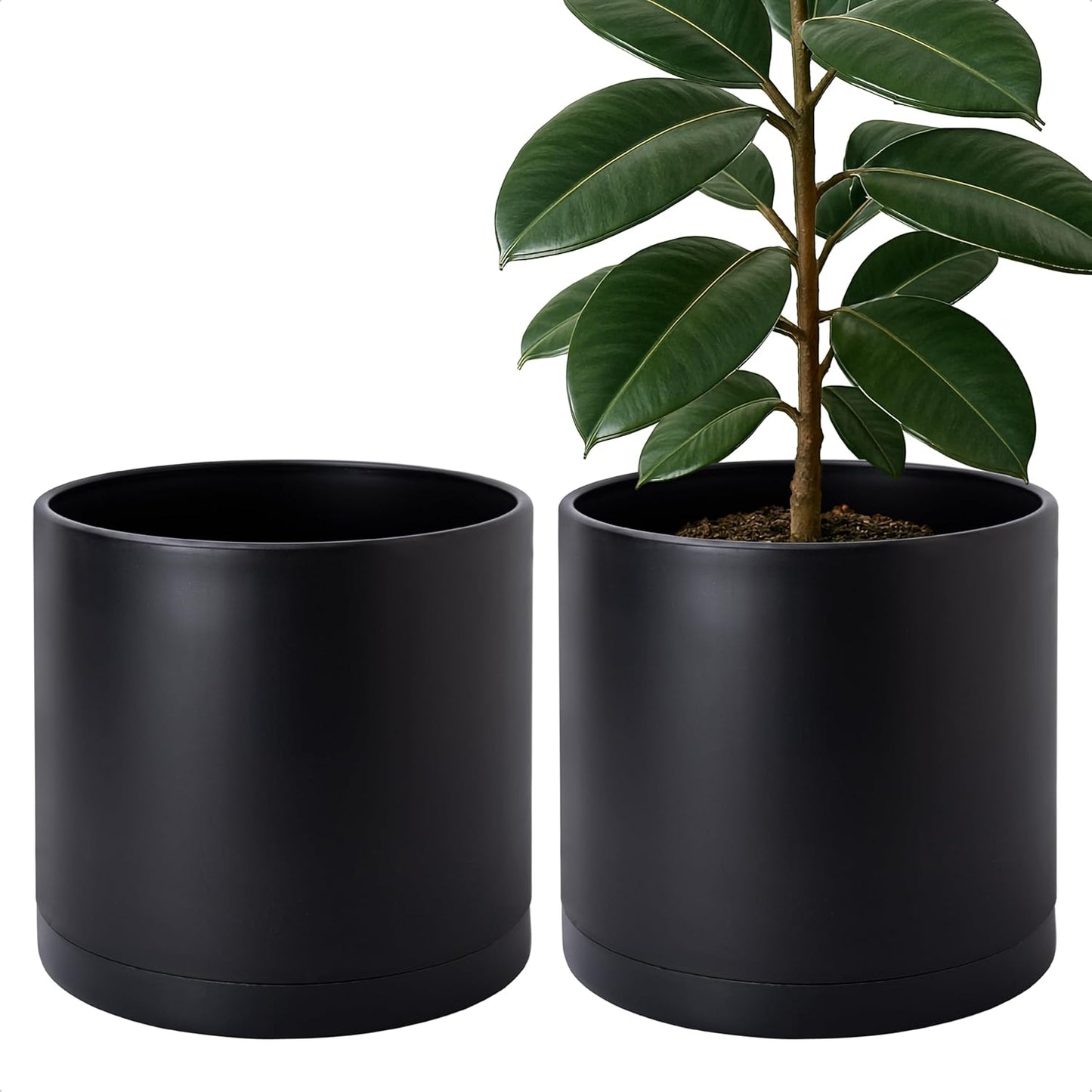 D'vine Dev 2 Pack 12 Inch Modern Plastic Plant Pots, Cylindrical Garden Planters for Plants with Drainage Holes and Saucers, Black, 74-Y-P-1