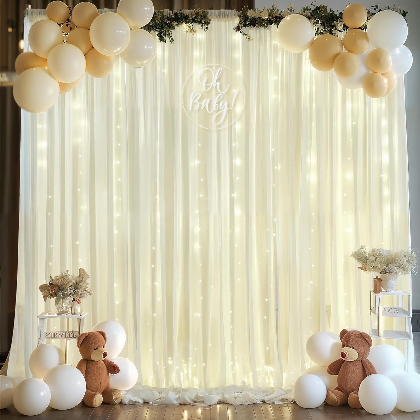 10ft x 10ft Ivory Backdrop Curtain with Lights for Baby Shower, Sheer Backdrop Curtains with Lights for Wedding, Chiffon Light Curtain Backdrops for Birthday Parties Photo Shoot (5x10ft,2 Panels)