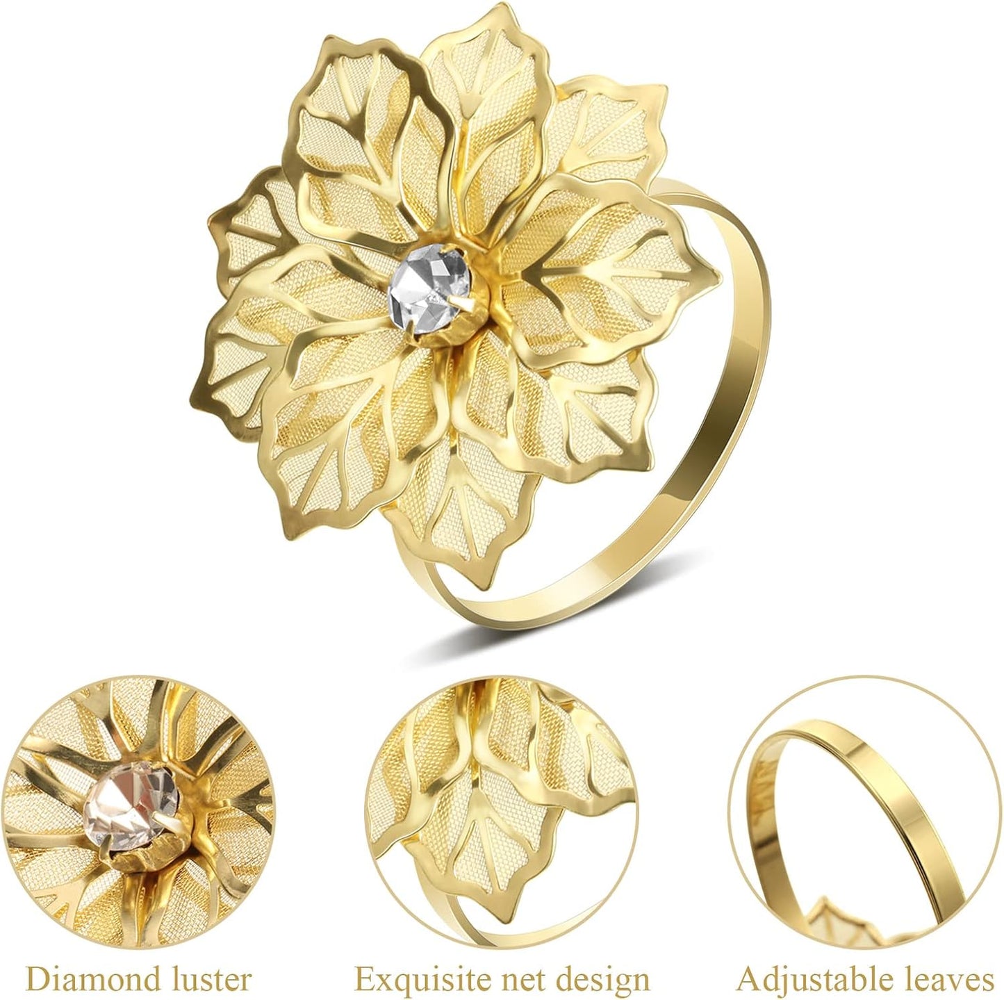 Hotop 12 Pcs Hollow Out Flower Napkin Rings Fall Napkin Ring Holder Metal Serviette Buckles Set for Dinner Thanksgiving Christmas Wedding Banquet Table Plates Decoration(Gold)