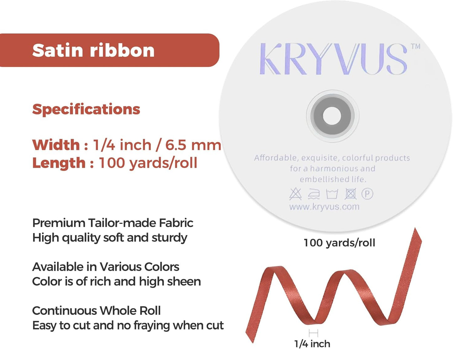 Copper Satin Ribbon 1/4 inch X Continuous 100 Yards, Single Face Polyester Ribbon Perfect for Gift Wrapping, Flower Bouquet, Wedding Decor, Crafts, Bow Making, Sewing and More