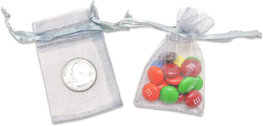 TheDisplayGuys 48-Pack 2" x 2-3/4" Silver Sheer Organza Gift Bags with Drawstring, Jewelry Candy Treat Wedding Party Favors Mesh Pouch