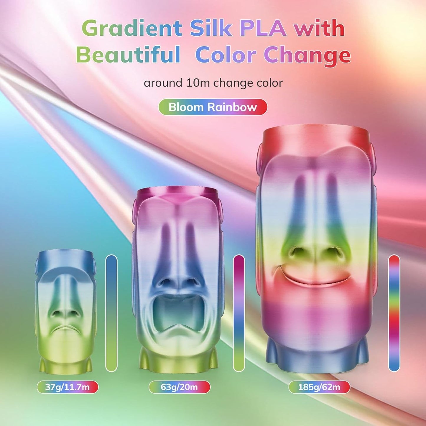 AMOLEN Silk PLA 3D Printer Filament, Shiny Multicolor Rainbow PLA Filament 1.75mm, Gradient Color Change PLA 3D Printing Filament for Most FDM 3D Printer, Pink Blue Purple Green Yellow, 1kg (2.2lbs)