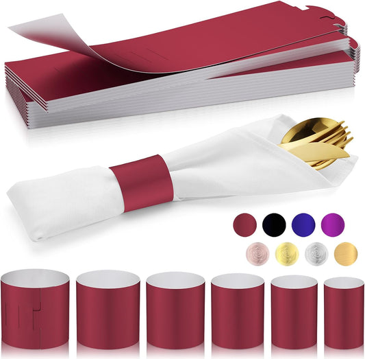 Polymer Material Reusable Napkin Band, Glue-Free Tear-Proof Water Resistant Oil-Proof Napkin Bands Set of 50(Front Burgundy Color and Back White), 6 Adjustable Sizes Napkin Rings