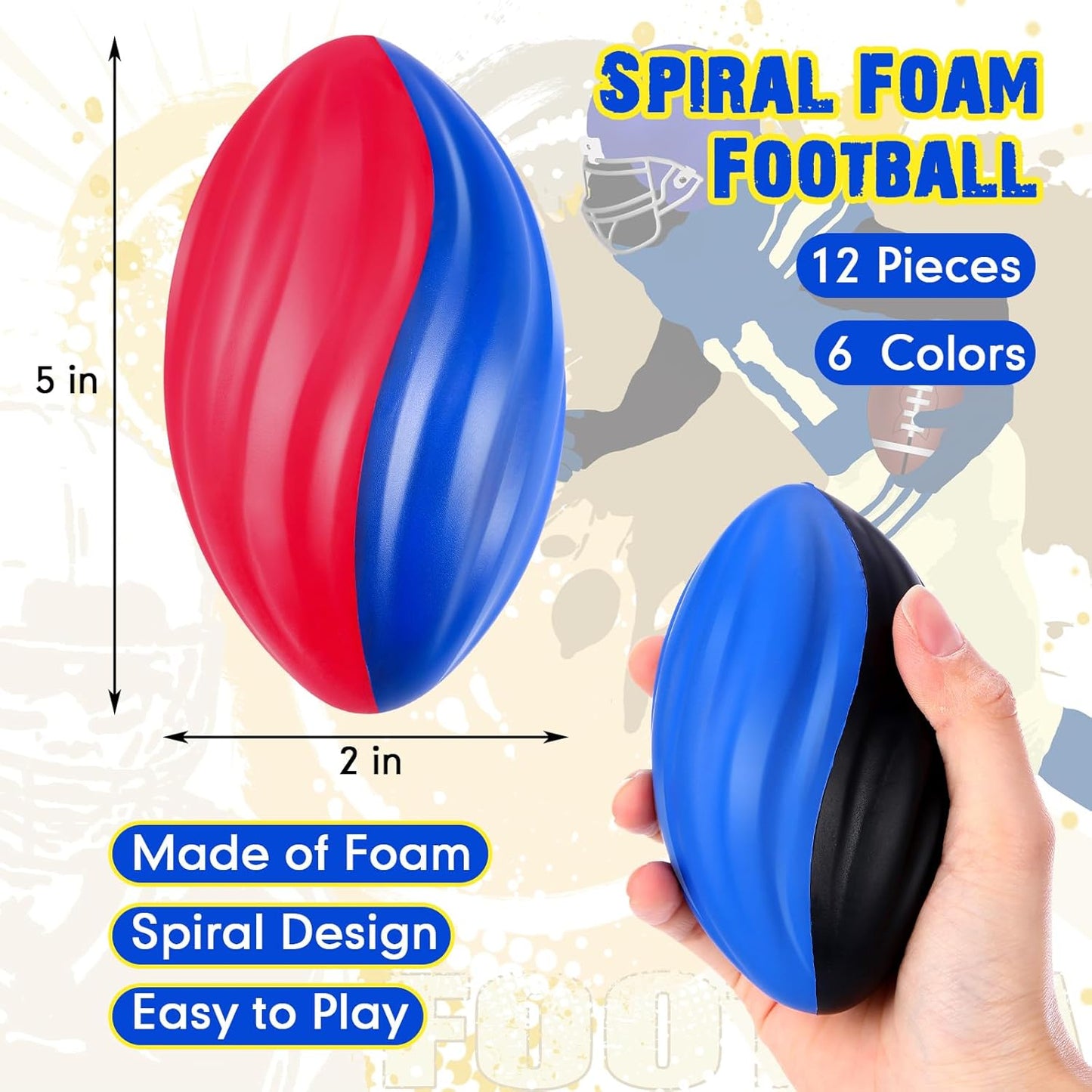 Jerify 12 Pcs Mini Footballs for Kids Spiral Foam Football Bulk 5 Inch Soft Small Waterproof Foam Ball Sports Birthday Toddler Football for Indoor and Outdoor Game(Bright Color)