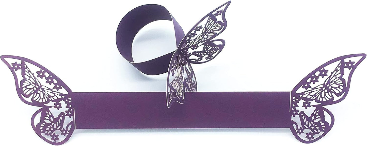 Butterfly Purple Paper Napkin Rings Set of 100 pcs，3D Laser Cut Foil Cutout Paper Napkins Holder,Disposable Serviette Rings for Tables,Decorations,Wedding,Dinner,Party Decor (Purple)