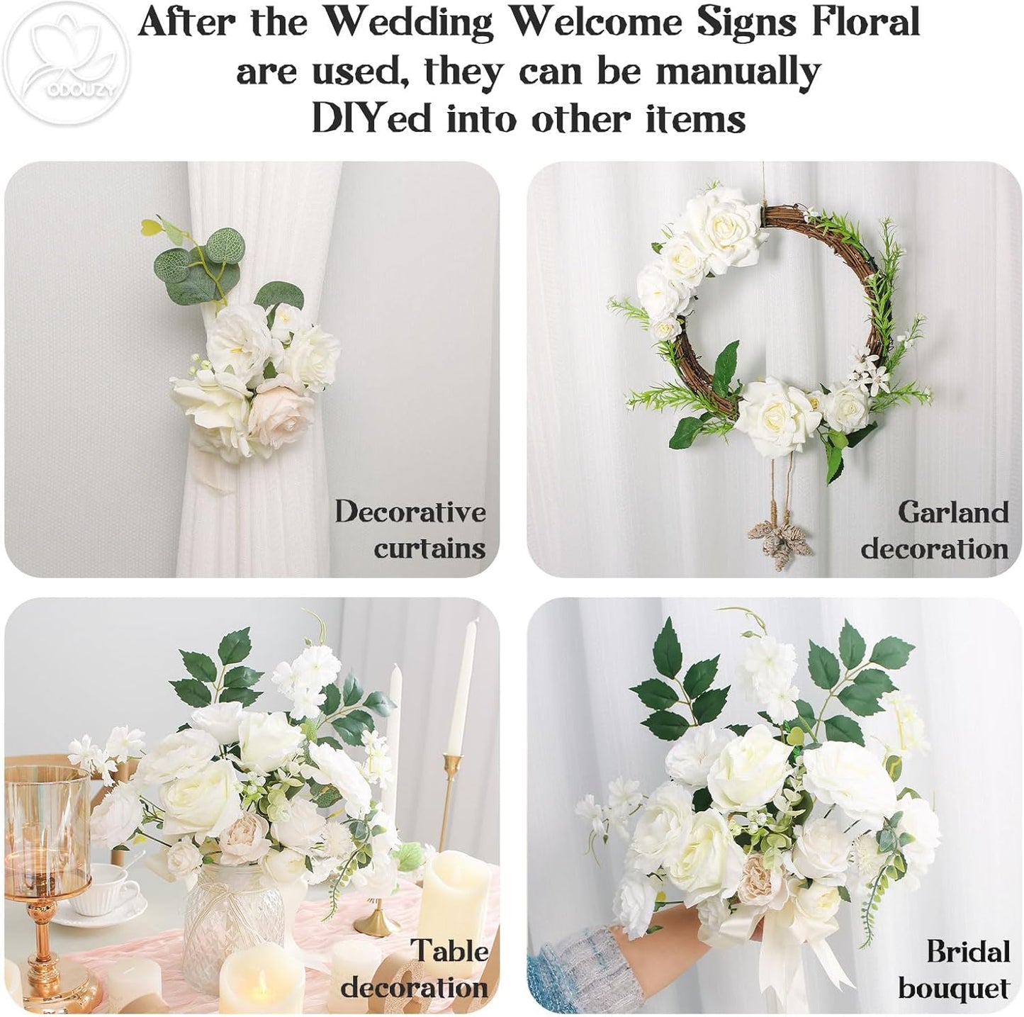 Wedding Arch Flowers Kit,Artificial Flower Arch Decor (Set of 3),2pcs Artificial Flower Arrangement with 1pc Sheer Drape for Wedding Decor Reception Backdrop Floral Decorations (Ivory White)
