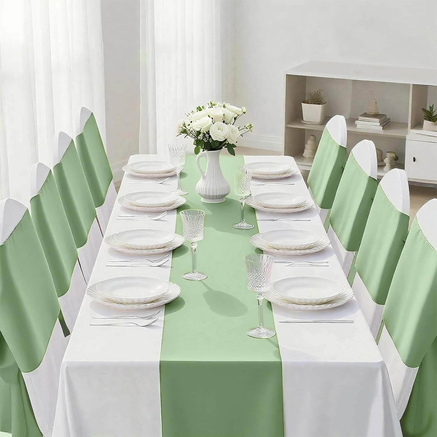 2 Pack Sage Green Satin Table Runner 12x108 Inches Long, Bright Silky Smooth Satin Table Runner Table Decor for Wedding Banquet Christmas Prom Event Birthday Party