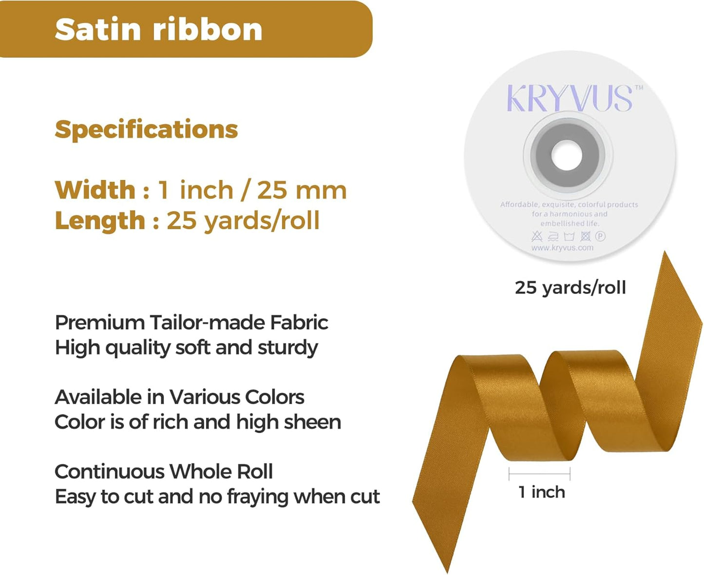 Gold Satin Ribbon 1 inch X Continuous 25 Yards, Single Face Polyester Ribbon Perfect for Gift Wrapping, Flower Bouquet, Wedding Decor, Crafts, Bow Making, Sewing and More
