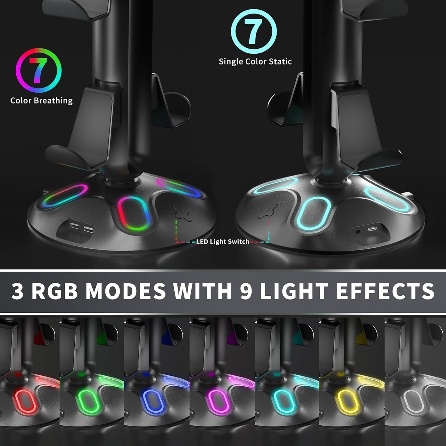 Gaming RGB Headphone Stand, Controller Holder with 9 Light Modes and 2 USB Charging Ports and 3.5mm & Type-C - Controller Stand Hanger Accessories for Desk and Gamer(Black) A