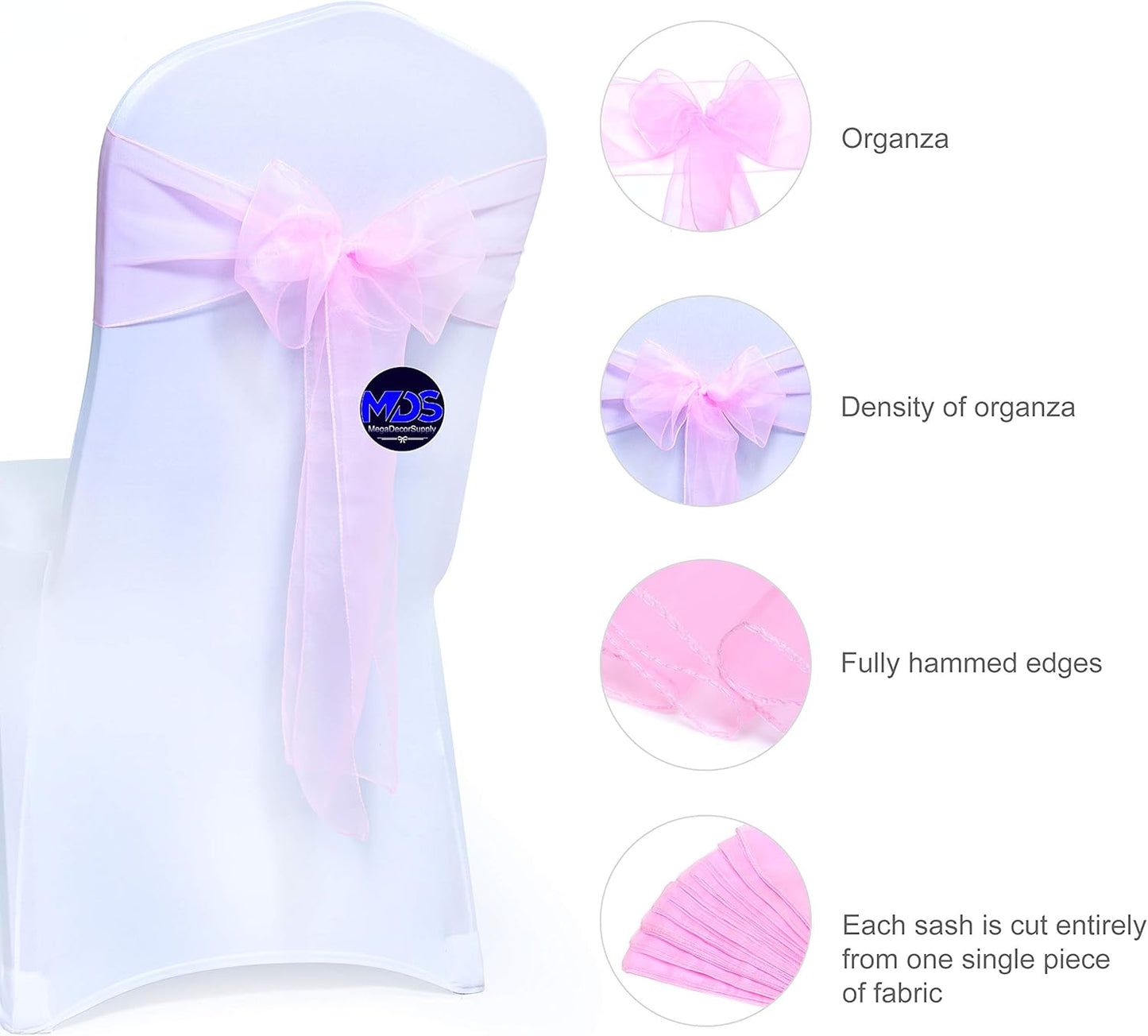 MDS Pack of 300 PCS Organza Chair Sashes Wider Dining Chair Bows Ribbon Tie Back for Wedding Party Birthday Bridal Shower Reception Event Banquet Home Chair Cover Decoration - Pink