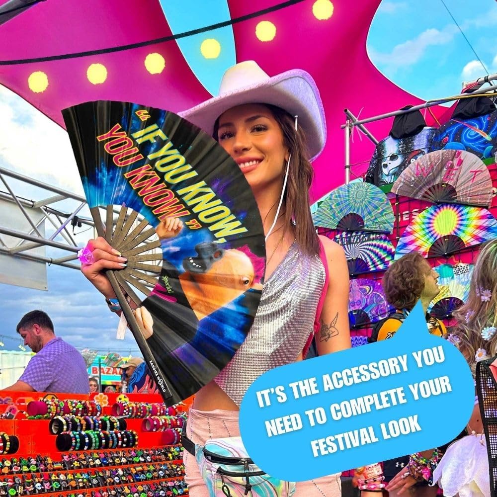 Kandies World Custom Festival Folding Hand Fan - Unique Designs, Made of Bamboo, Clacking Sound, Lightweight - Perfect Rave and Festival Accessory!