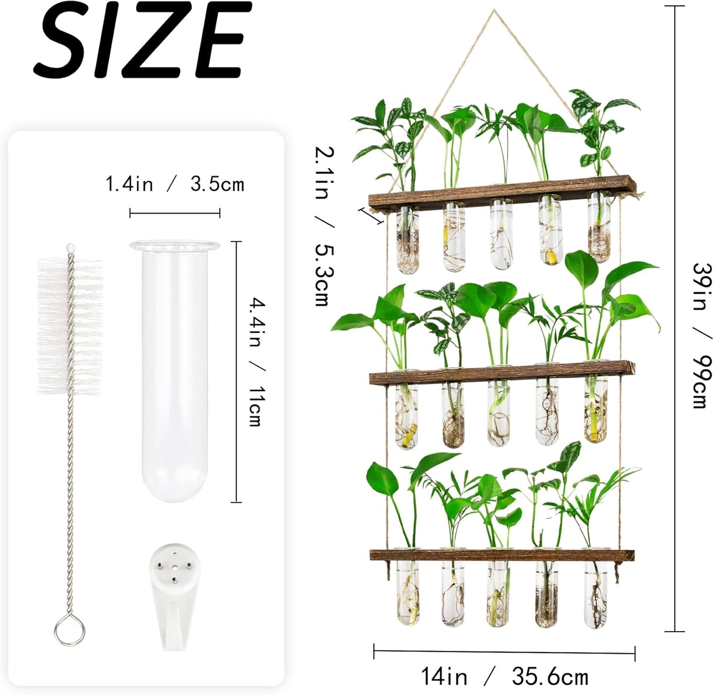 Monsiter QE 3 Tier Large Propagation Stations Wall Hanging Plant Terrarium with Wooden Stand, Retro Propagation Test Tube for Hydroponic Plants Cutting Flower, Propagator Home Office Patio Decor Gifts