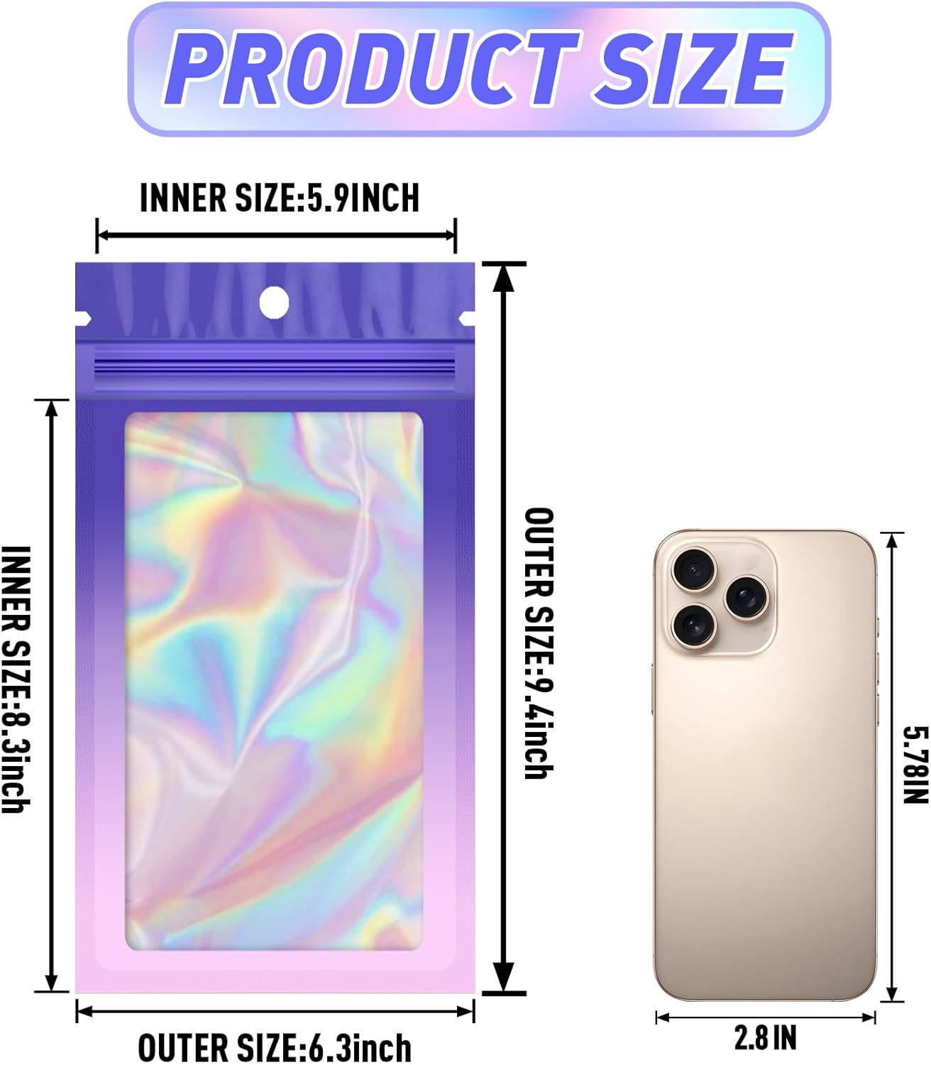 Funfery 100 Pack Gradient Holographic Bags,Mylar Resealable Bags with Zipper,Clear Window Packaging Pouchs,Foil Smell Proof Bag for Food Storage,Sample Jewelry Baggies(6.3x9.4In,Purple Pink)