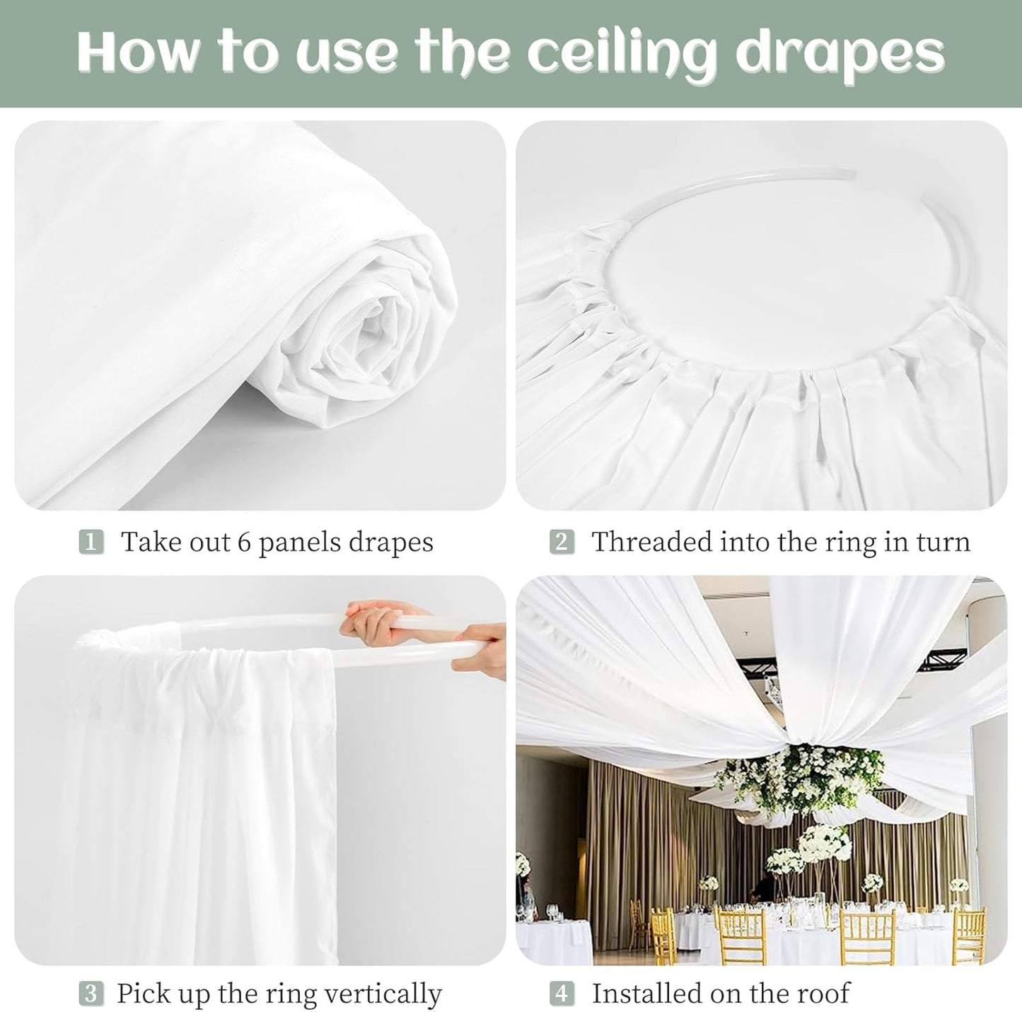 6 Panels White Ceiling Drapes 5ftx15ft Wedding Ceiling Drapes Chiffon Fabric Arch Draping Sheer Curtains Soft Drapery Draping Wedding Ceiling Decorations for Party Ceremony Stage Swag