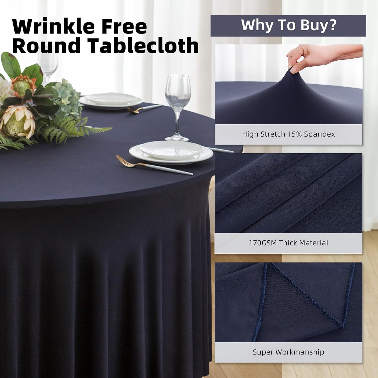 6 Pack Navy Blue Round Spandex Tablecloth 60 Inch, Wrinkle Free Stretch 120 Inch Fitted 5ft Navy Table Cloths Round Table Covers with Ruffle Skirt for Graduation Party Wedding Banquet