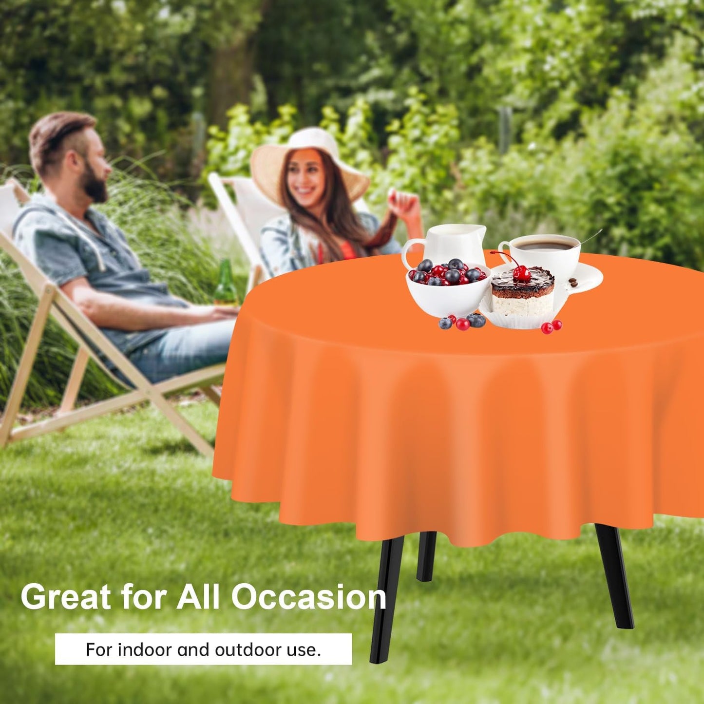 QIKSION Orange Round Tablecloth 2 Pack, 84 Inch Plastic Table Cover Disposable for Parties